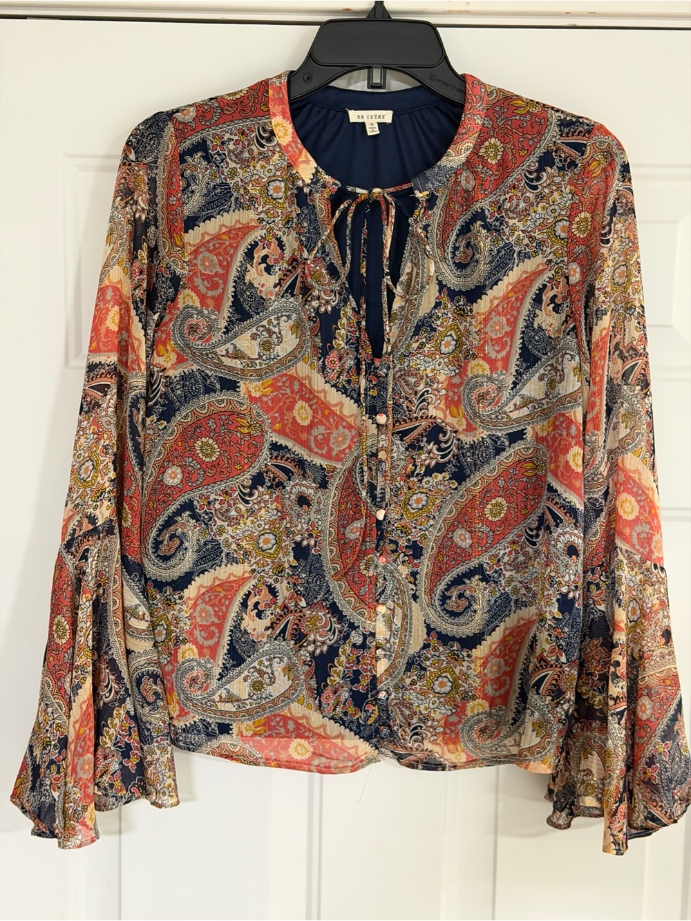 En Creme~Boho~Semi-Sheer~Paisley/Metallic Print~Bell Cuff Sleeve~Blouse~Size S